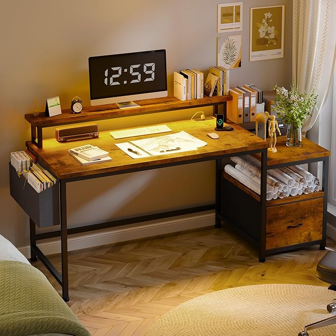 EnHomee 57 Office Desk with Drawers and Printer SpaceComputer Desk with Power OutletsHome Office Desks with File Drawers CabinetStudy and Gaming Desk with Shelves Monitor StandRustic Brown