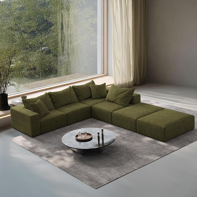 197” Modular L-Shaped Sectional Sofa Cloud Chenille Couch with 6 Pillows No-Assembly Customizable Sofa for Living Room &amp Bedroom Green