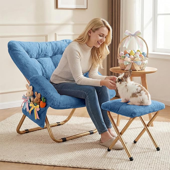 Comfy Saucer Chair Foldable Living Room Chairs Soft Faux Fur Lounge Chair for Bedroom Reading Chairs for Adults Teens X-Large (Blue)