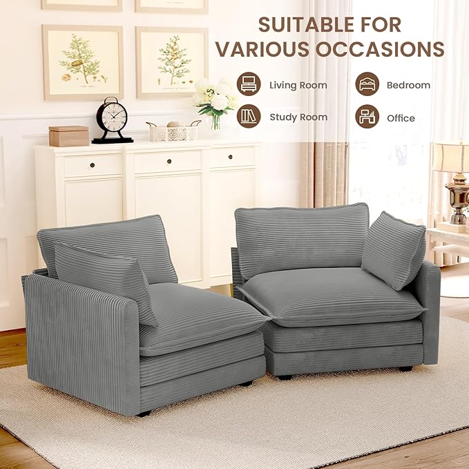 ROWHY 78'' Sectional 2 Seat Cloud Loveseat with 2 Throw Pillows Modern Corduroy Love Seat Convertible Cozy Sofa for Living Room Bedroom and Office Dark Grey