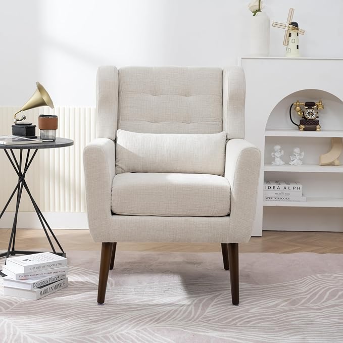 Chair Modern Chenille Fabric Lounge Accent Arm Chairs Extra-Thick Comfy Padded Backrest and Seat Cushion Mid Century Modern Chair for Living Room Bedroom Office Vanity Vanity Chair (Beige)