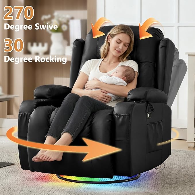 URRED Rocker Recliner Chair for Adults 270° Swivel Glider Reclining Single Sofa with LED Ambient Light Cup Holders and Side Pockets Faux Leather Recliner for Living Room or Home Theater Black