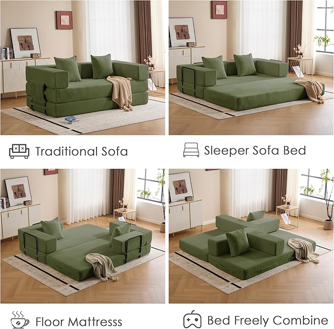 Convertible Sleep Sofa Bed with Armrests and Backrest Corduroy Folding Couch with 2 Pillow Modular Sectional for Living Room Bedroom Studio-No Assembly NeededGreen