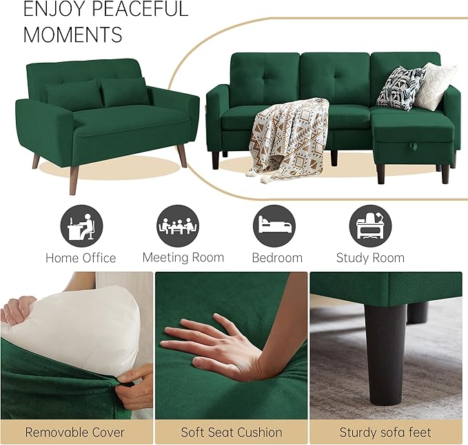 2 Pcs Convertible Sectional Sofa Set 3-Seater L Shaped Couch with Reversible Chaise and Comfy Loveseat Sofa Polyester Fibre for Living Room Green