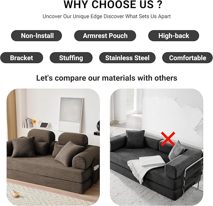79'' Upgrade High Backrest Convertible Sofa Bed with Fixed Frame Removable Armrests &amp Backrest Corduroy Sleeper Couch No Assembly Guest Bed for Small Spaces (High Backrest Brown) | Convertible
