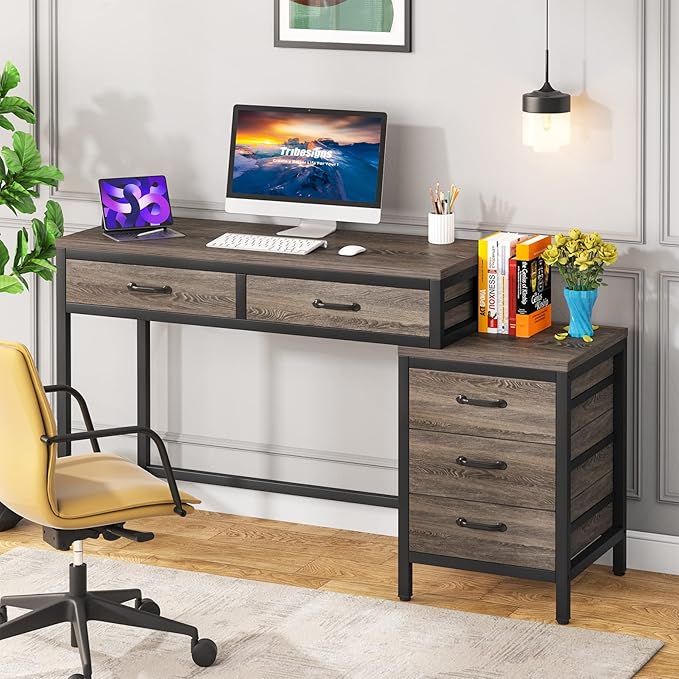 Little Tree 5 Drawers Computer Desk Desk with Reversible File Drawer Cabinet for Home OfficeGrey