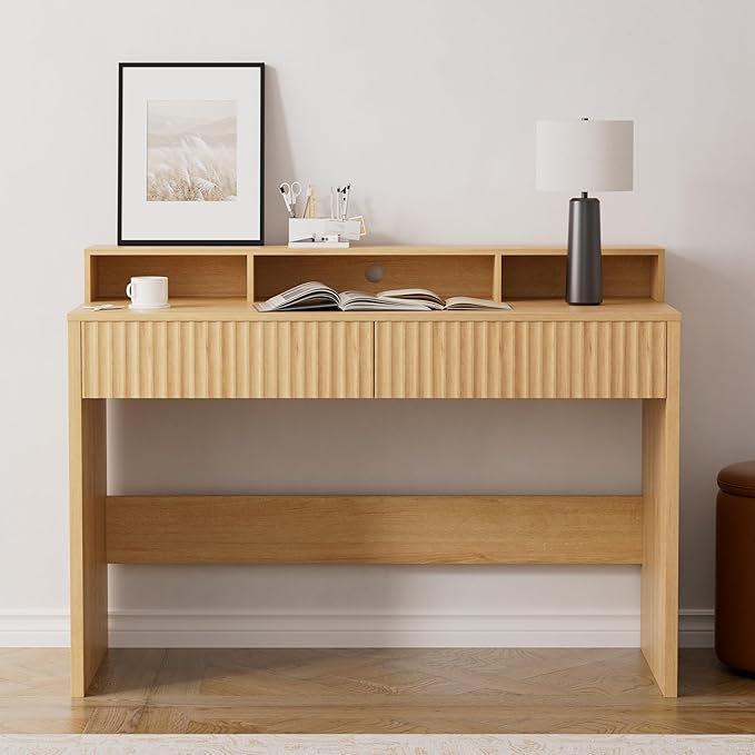 47 Executive Desk with Fluted Drawer Modern Home Office Desk with Long Monitor Stand and 2 Drawers Computer Writing Desk for Study Office Vanity Natural Oak