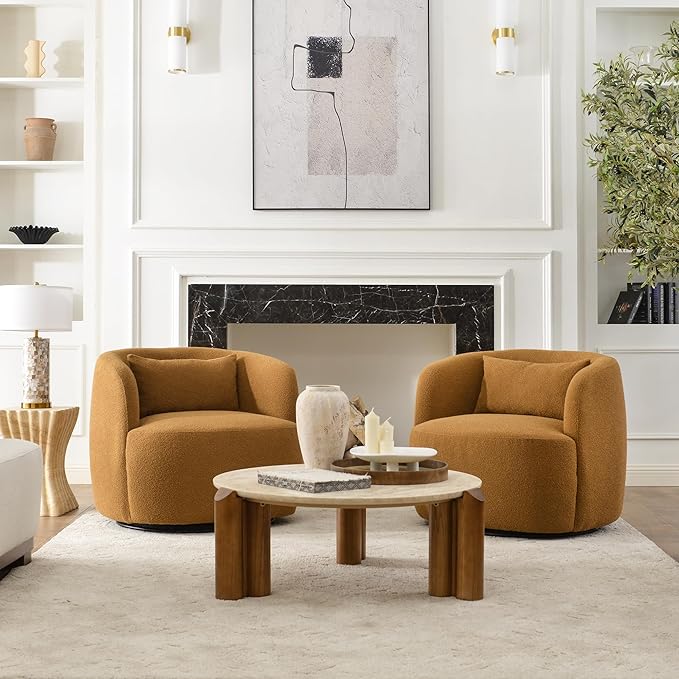 KINWELL 34 Wide Boucle Swivel Barrel Chairs Set of 2 No Assembly Round Upholstered Armchairs Accent Chairs Single Sofa Chair with Toss Pillow for Living Room and Bedroom Brown