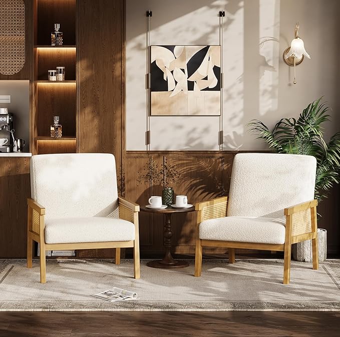 GAOMON Mid Century Boucle Fabric Accent Chair Rattan Armchair with Wooden Armrest and Legs Modern Lounge Chair for Living Room/Bedroom/Reading Room/Waiting Room Ivory