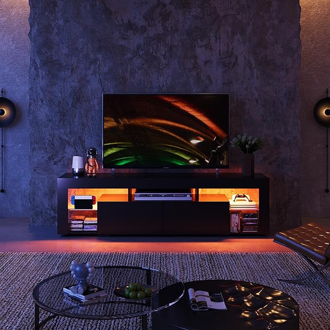 WLIVE 63 inch TV Stand for 50 55 60 65 70 75 Inch TVs Modern Entertainment Center with LED Lights &amp 2 Large Storage Drawers TV Console Gaming Media Television Stands for Living Room Bedroom(Bla