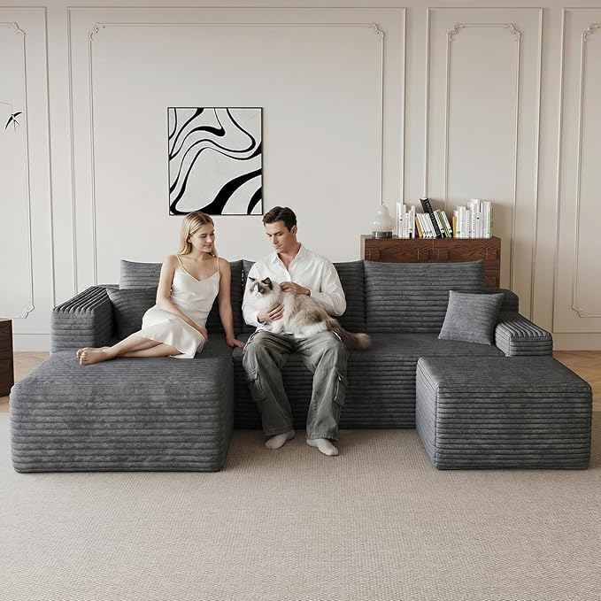 95 Cloud Sectional Couch with U-Shaped Chaise Corduroy Sectional Sofa with Ottoman Boneless Couch with Deep Seat for Living Room No Assembly Required (Dark Grey Left Facing Chaise)