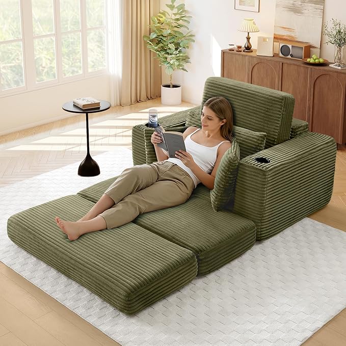 Antetek Boneless Corduroy Chaise Lounge Chair Indoor 52-inch 4-in-1 Folding Convertible Sofa Bed w/Cup Holders Modern Cozy Reading Accent Chair for Living Room No Assembly Green