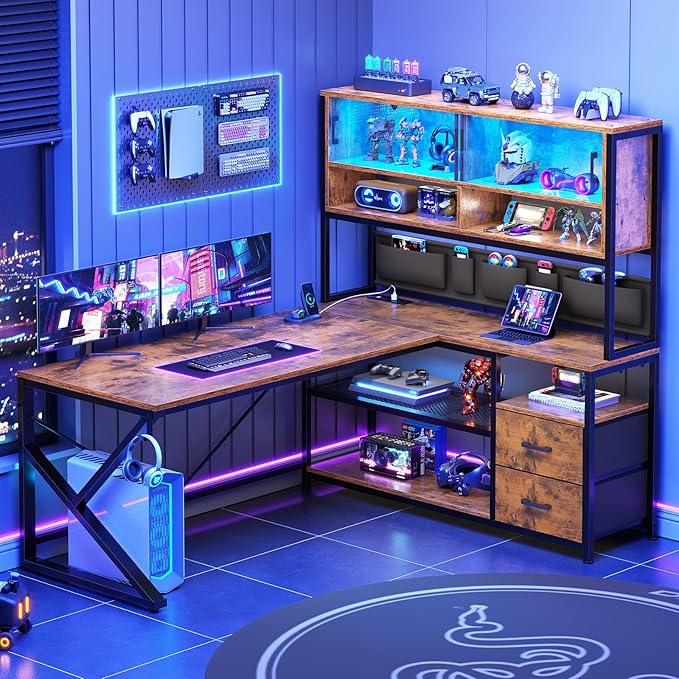 SEDETA L Shaped Computer Desk Home Office Desk with 2 Drawer and Bookshelf L Shaped Gaming Desk with LED Light Glass Cabinet and Storage Bag Corner Desk with Storage Shelves Rustic Brown
