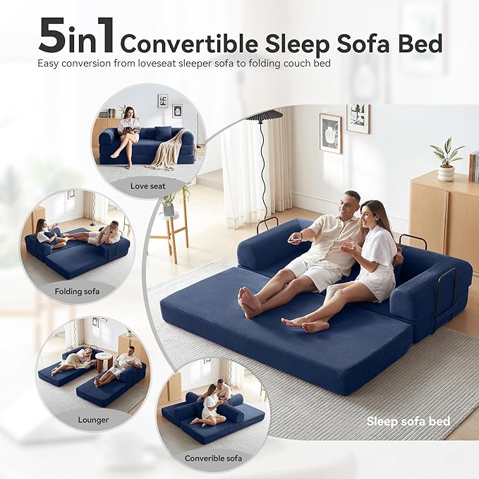 Convertible Sofa Bed with Corduroy PillowComfy Floor Sofa Bed Compressed Sofa in Box Convertible Sofa Bed for Living Room Bedroom Lounge Studio Comfy High Density Foam Mattress(Navy Blue)