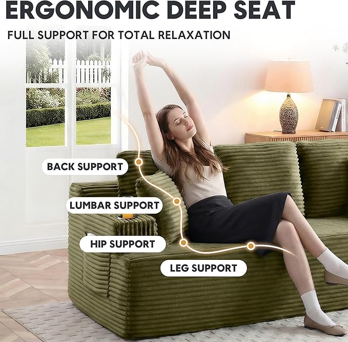 86.2'' Boneless Sofa Couch with Cup Holders &amp Side Pockets Modern Corduroy Fabric Upholstered 3-seat Couch with 2 Throw Pillows for Living Room Office No Assembly (Green)