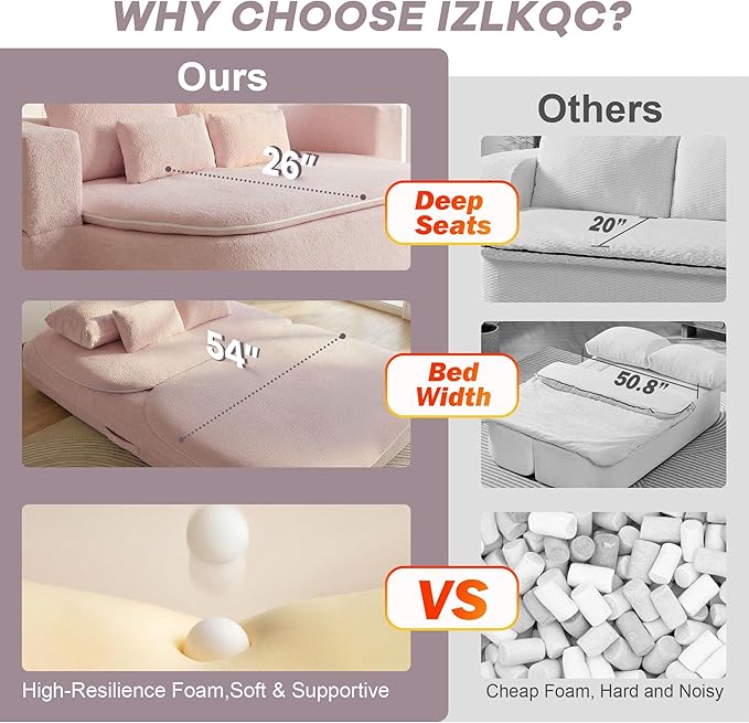 75'' Folding Sleeper Sofa Bed Convertible Memory Foam Boneless Couch Foldable Full Size Guest Bed Modern 2-in-1 Futon Floor Sleeper Sofa with 4 Pillows and Blanket (Teddy Pink2)