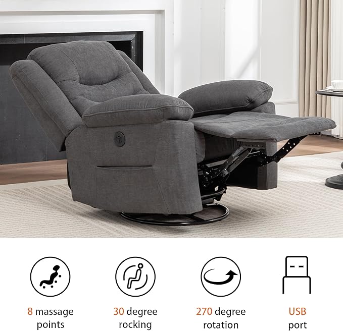 Power Swivel Rocker Recliner with Massage and Heat USB Port Infinite Position Oversized Electric Glider Rocking Chairs Living Room Soft Fabric Reclining Sofa Chair (Dark Grey Fabric)