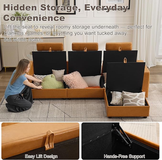 98.2 Modular Sectional Storage Couch Oversized Faux Leather L Shaped Couch Modern Cloud Upholstered Sofa with Headrest &amp Side Pocket Sectional Sofa for Living Room Apartment Small Spaces Brow