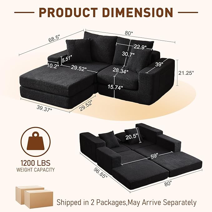 80'' Modular Sectional Couch with L-Shape Chaise Modern Boneless Loveseat Cloud Couch for Living Room Sofa Bed with Deep Seat No Assembly Sleeper Sofa for Living room Apartment and Bedroom