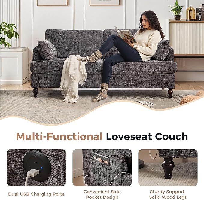 69 Loveseat Couch 2-Seat Upholstered Sofa Couch Mid-Century Modern Tufted Sofa with USB Charger LED Lights and Side Pocket Chenille Fabric Couches for Living Room Apartment (Gray)