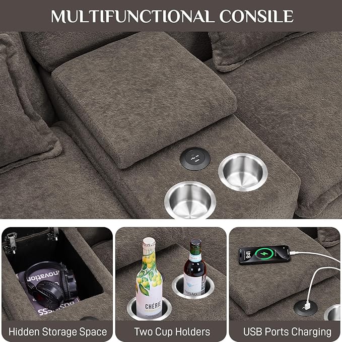 OUYESSIR U Shaped Cloud Sectional Couch 124 Fluffy Modular Sofa Set with Double Chaise Lounge Central Console &amp USB Port Comfy Chenille Big Sectional Couches for Living Room Stone Grey