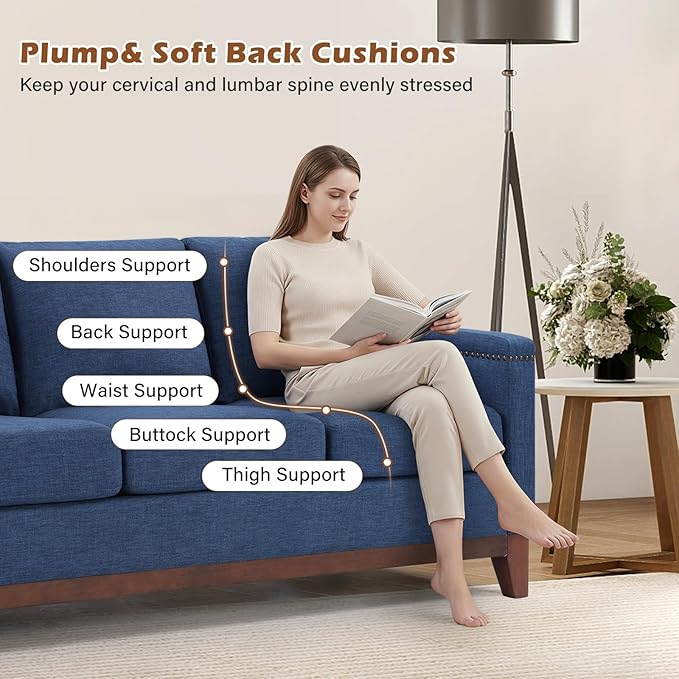 Modern 4 Piece Sofa Set with Rivets Included Chenille Accent Chair Set of 2 Upholstered Loveseat 2-Seater Couches with Solid Wood Legs Storage Ottoma Living Room Furniture SetBlue