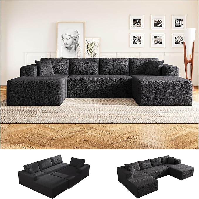 140 U-Shaped Modular Sectional Sofa for Living Room3 Seater Cloud Sectional Couch with Chaise LoungeDeep Seat with PillowsNo Assembly Required (Black)