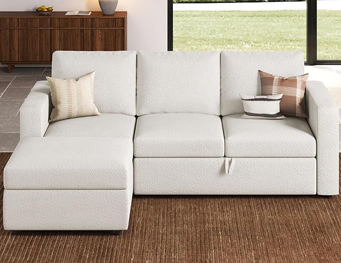 Belffin Modular Sectional Sleeper Sofa with Pull Out Bed and Storage Ottoman Convertible L Shape Sleeper Sectional Couch for Living Room Beige