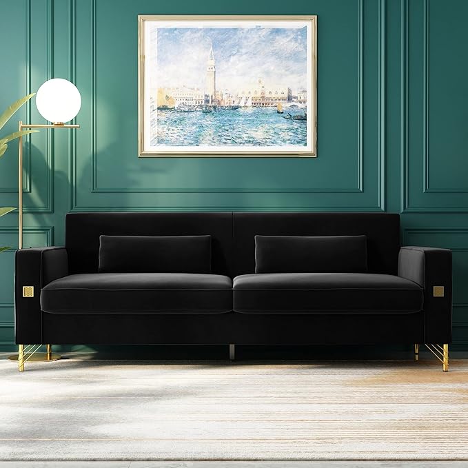 85 Velvet SofaMid-Century Modern Chesterfield 3 Seat Comfy Couch with Pillows Set of 2 for Living RoomBedroomApartment Furniture with Gold Metal Legs (P18-Black)