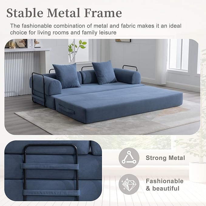 4‑in‑1 Convertible Sleeper Sofa Bed DIY Combination Floor Sofa Lounge Couch with Cylindrical Pillow Corduroy Futon Folding Mattress Couch for Apartment Bedroom Playroom Navy Blue