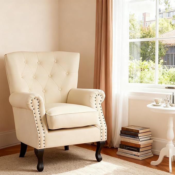 Modern Faux Leather Accent Chair Upholstered Mid-Century Armchair with Solid Wood Legs Single Sofa Chair for Living Room Bedroom or Reading Room（Ivory White）