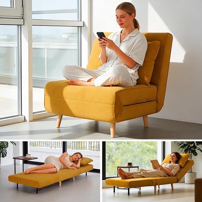 3 in 1 Upholstered Accent Chair Chenille Convertible Sofa Bed with Backrest Solid Wood Legs Convertible Couch Space Saving for Bedroom/Living Room/Home Office Easy Setup - Orange Brown