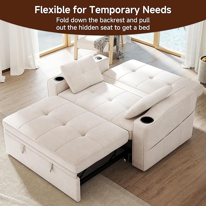 Loveseat Sofa Bed 3-in-1 Convertible Sleeper Sofa Chenille Fabric Pull Out Couch with USB Charging Ports 5 Level Adjustable Backrest Cup Holders for Living Room Sunroom Study Beige