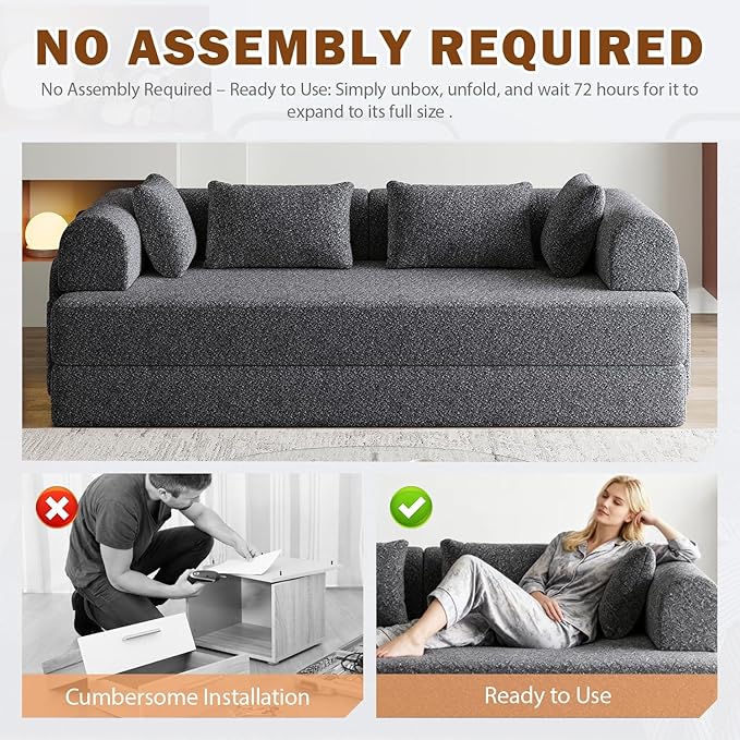 78.7 Chenille 4-in-1 Folding Convertible Sofa Bed Boneless Couches with 4 Pillows &amp Convenient Side Pockets Comfy Foldable Compressed Sofa in Box Floor Sofa Lounge Couch for Living Room(Gray)