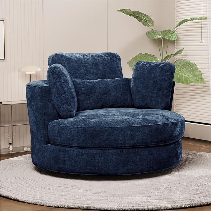 Chifee &amp Vingol 50.2 Oversized Swivel Accent Chair Upholstered Round Barrel Chair with Pillows Swivel Chairs for Living Room BedroomChenilleNavy