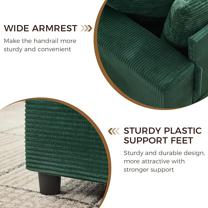 Chaise Lounge Chair IndoorOversized Corduroy Upholstered Sofa Bed with Removable Storage Ottoman Small Cloud Sofas for Living Room Comfy Deep Seat Sleeper Couch Reading Chairs (Green)