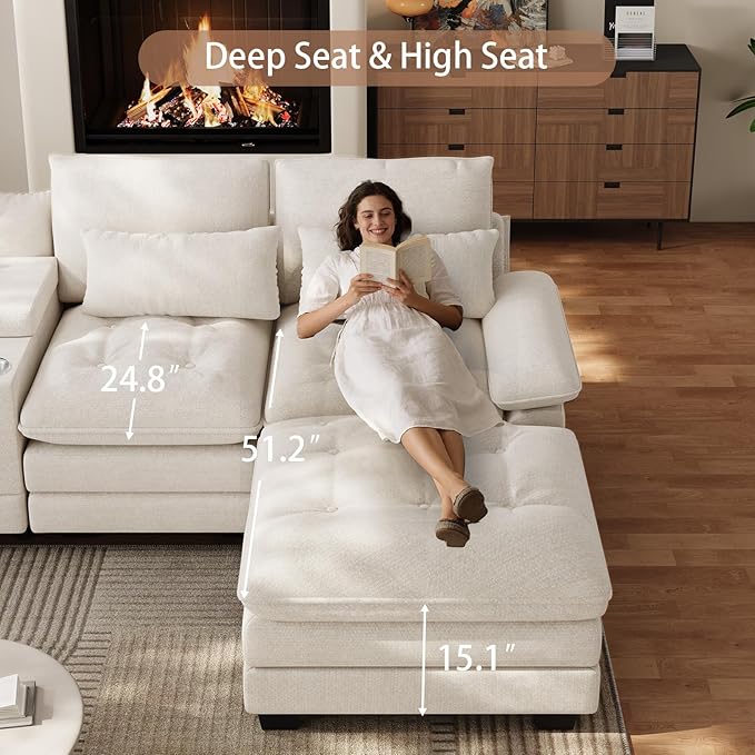 134U Shaped Sectional Couches for Living Room Oversized Modular Sectional Fluffy Couch with 2 Ottoman &amp Storage ConsoleModern 6 Seat Living Room Sofa with Glitter FabricTufted Buttons Beige