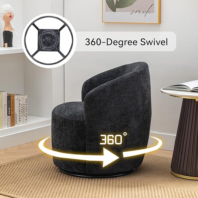 360 Degree Swivel Accent Chair Modern Barrel Vanity Chair with Back Comfy Single Circle Couch for Living Room Bedroom Reading Nook (Chenille Black)