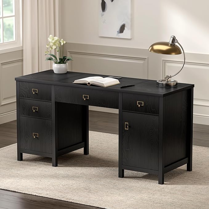 59 Executive Desk with File Drawers Cabinet Modern Computer Desk with Charging Station Keyboard Tray Large Home Office Desk Farmhouse Wood Desk for Study Writing Black