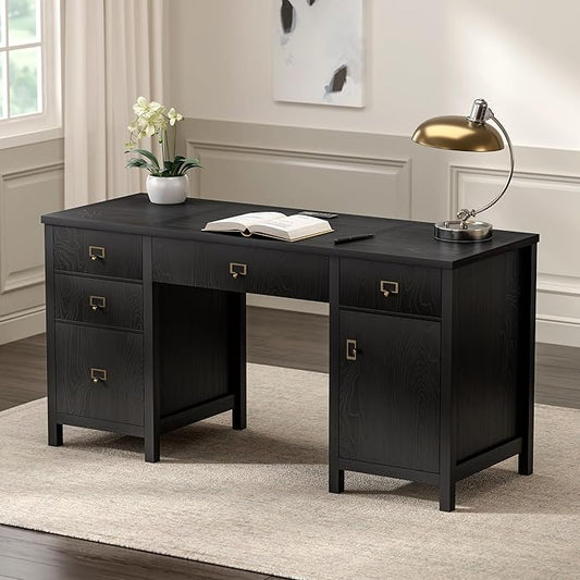 59 Executive Desk with File Drawers Cabinet Modern Computer Desk with Charging Station Keyboard Tray Large Home Office Desk Farmhouse Wood Desk for Study Writing Black