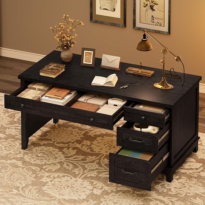 GAOMON 54.5in Wooden Executive Desk with Drawers Office Desk Computer Table with Charging Station Farmhouse Home Office Desk with File Cabinet Storage for Study and Home Office Rustic Black