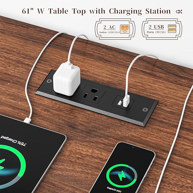 EnHomee 60.4 Computer Desk with Drawer &amp Power Outlet Gaming Desk with LED Light Farmhouse Desk Study Desk with Monitor Stand Home Office Desk Work Desk for Bedroom Study Room White
