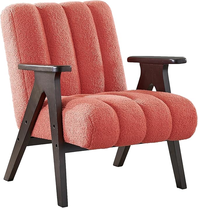 Roundhill Furniture Rella Modern Teddy Sherpa Accent Chair with Espresso Wood Frame Coral