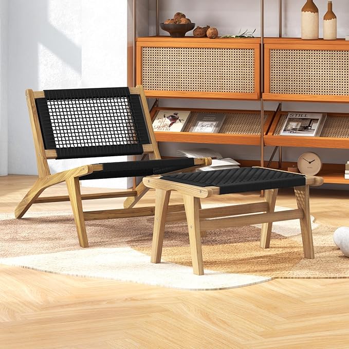 Tangkula Mid Century Modern Accent Chair with Ottoman Farmhouse Handwoven Cordage Living Room Chair with Teak Wooden Frame for Indoor Outdoor Lazy Lounge Chair for Home Bedroom Office
