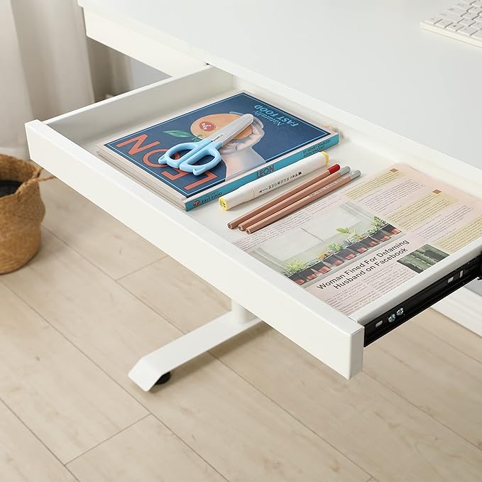 (White Tabletop) 48 x 24 InchesStanding Desk with Metal Drawer Adjustable Height Stand up Desk Sit Stand Home Office Desk Ergonomic Workstation