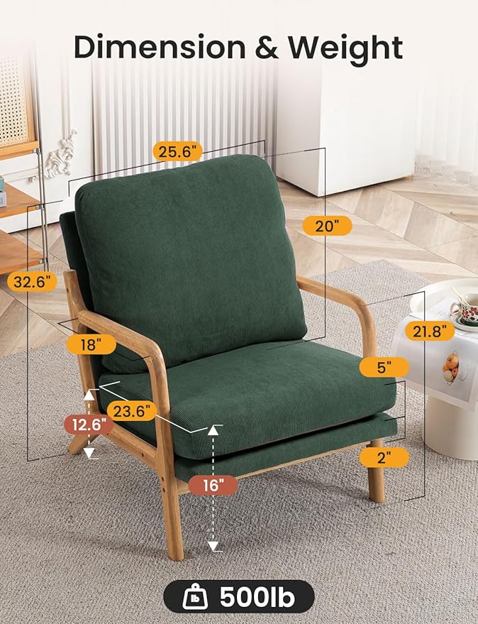 Mid Century Modern Accent Chairs for Living Room 23” Wide Comfy Chair for Bedroom Small Cozy Corduroy Reading Chairs for Adults 108° Lounge Arm Chair Indoor with Detachable Cover 5.5 Foam Cushion