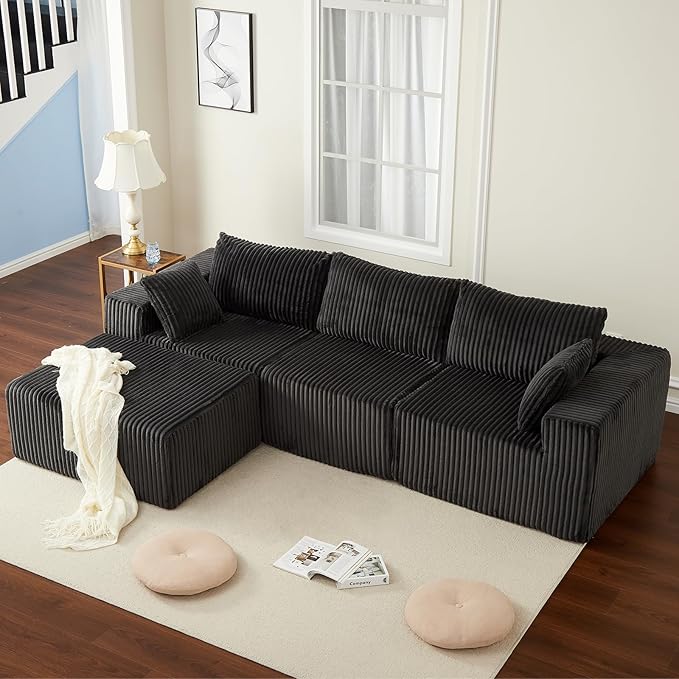 108'' Modular Sectional Sofa Corduroy Sponge Compression Sofa with Deep Seat Comfy Memory Foam Sofa for Living Room Bedroom No Assembly Required Grey