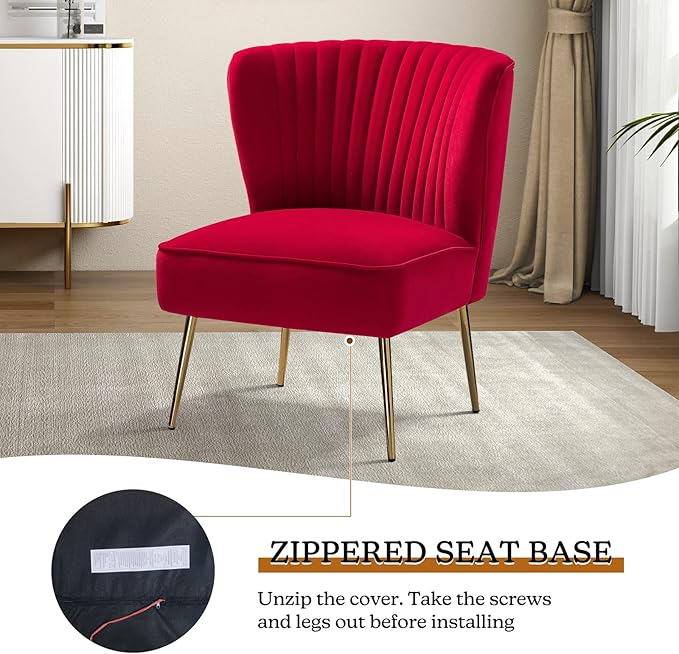 TINA'S HOME Velvet Accent Chair Set of 2 with Metal Golden Legs Upholstered Armless Slipper Chair with Wingback Mid Century Side Chair for Living Room Bedroom Makeup Vanity- Red