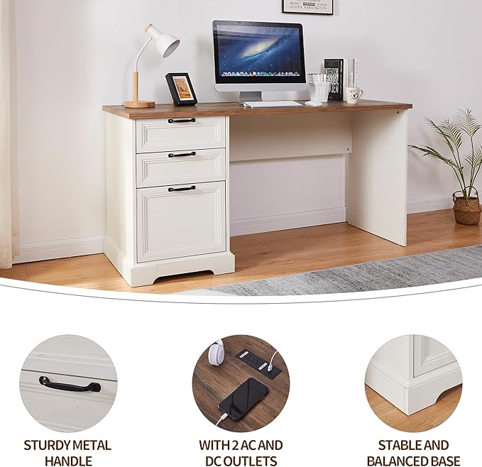 60L-Shaped Executive Desk with 40Adjustable File CabinetFarmhouse Home Office Desk with Charging StationOffice Desk with Storage DrawersWood Computer Desk Set for Office WorkHome Study