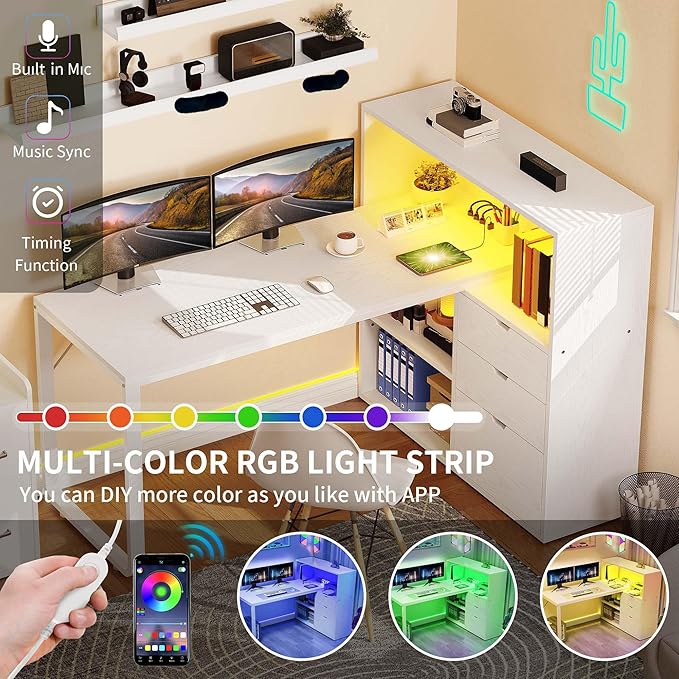 YITAHOME L Shaped Desk with Power Outlets 55 Computer Desk with Drawers &amp Bookshelf Home Office Desk with LED Lights Corner Desk with File Cabinet White
